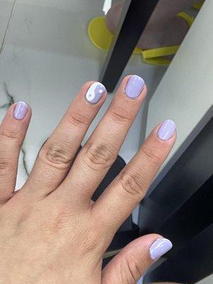 Medium-short lavender squ-oval shaped gel manicure with Ying-yang design (not pictured: white painted pedicure)