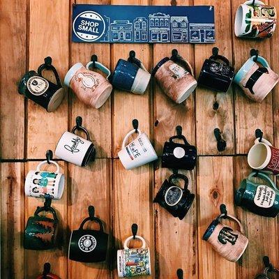 Mug-wall for locals to leave their favorite mug to use when they visit.