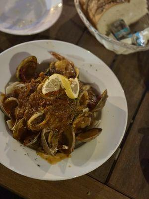 Seafood fra díavolo on fettuccini