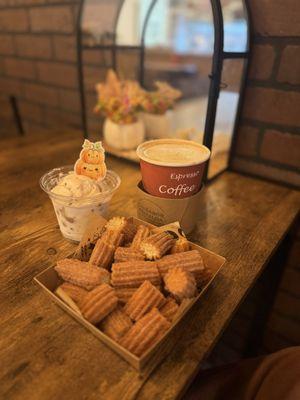 Churro Bites, Cookie Dough Ice Cream, hot coffee