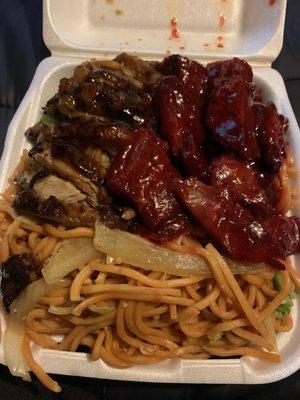 Bbq ribs, teriyaki chicken and Chinese noodles