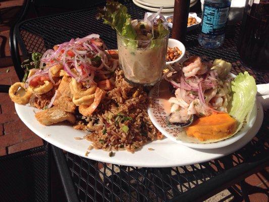 Yummy Delicioso platter with all goods from my country, ceviche, jalea and arroz c mariscos.... all seafood