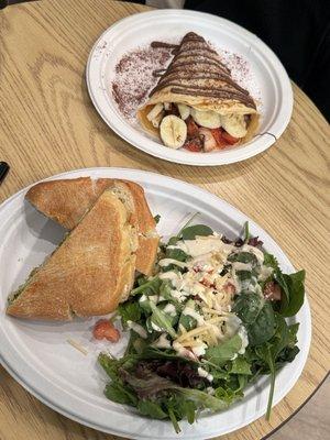 Nutella, Banana and Strawberries Crepe and chicken pesto panini