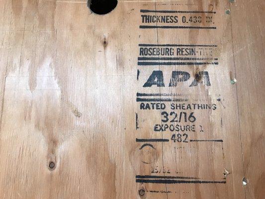 APA Grade stamp found on plywood used for shearwalls.