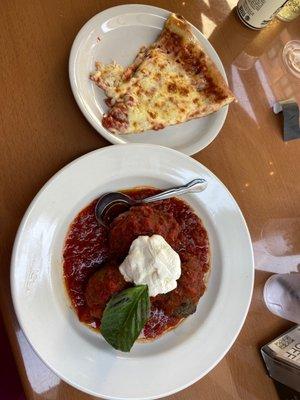 3 Meatball Trio and cheese pizza slice