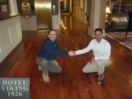 Hardwood installation in the Viking hotel lobby.