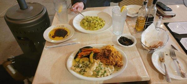 Chicken limone with spicy angel hair with bolognese.