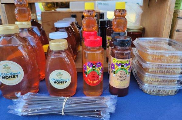 Our awarding winning Fresh Honey. Wildflower, Hot Honey, Chocolate Honey, Hone Sticks.