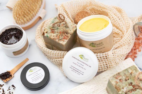 Natural skin care products for eczema relief. Includes natural soaps, lightly scented Shea butter, sugar & coffee body scrubs and bath teas