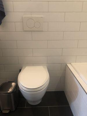 Floating tankless toilet.
Scope:
Rough plumbing
Backing
Also in this pic tile and tub install
Seattle, WA