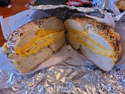 Everything bagel with egg and cheese