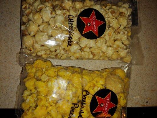 Cheesecake popcorn- I will mix it w/ strawberry and blueberry Banana pudding flavored popcorn