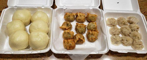 Steamed red bean bun, deep fried leek dumpling, steamed xia long bao (left to right)