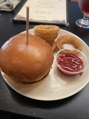 Pimento cheese burger and onion rings