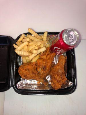 Weekly special! Only $5.99 for fried chicken, fries, and 12oz soda!! Chicken is super tasty.