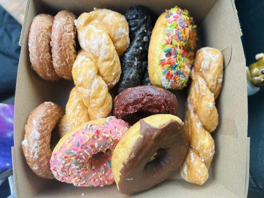 CAKE-Chocolate Cruller, Sour Cream, Red Velvet  YEAST- glazed cruller, strawberry / chocolate frosted, fruity pebbles