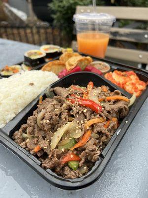 Bulgogi bento  Beef Kimbap Passionfruit Juice