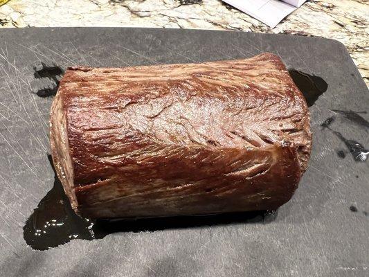 Sous vide chateaubriand perfectly trimmed by the butcher.