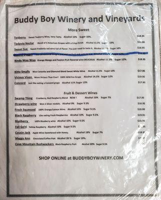 Menu at Buddy Boy Winery