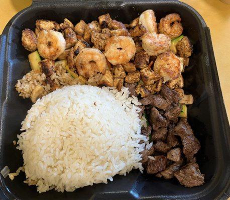 Hibachi chicken, steak and shrimp with steamed rice