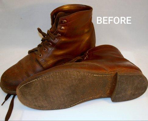 Before and 2 after shots of Stanley's resole work on my Wolverine boots.