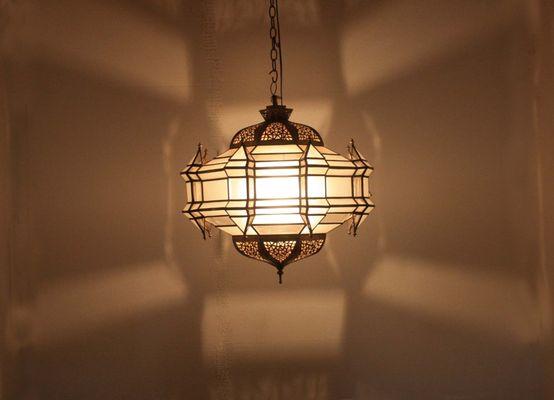 Moroccan wide brass lantern with white glass