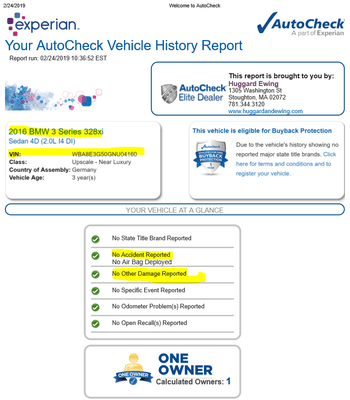 Huggard and Ewing Provided Experian AutoCheck Report (No reports of damage)