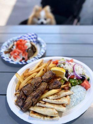 Lamb Souvlaki Plate w/ greek salad, fries, pita bread | $18.25 (Requested medium rare)