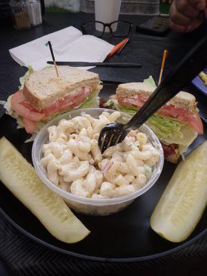 BLT on Rye. The best macaroni salad and pickle.