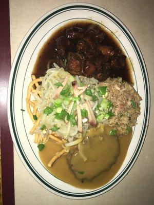 All 4 Combination. Sweet and sour spareribs, egg foo young, pork chow mien and pork fried rice. $8.95