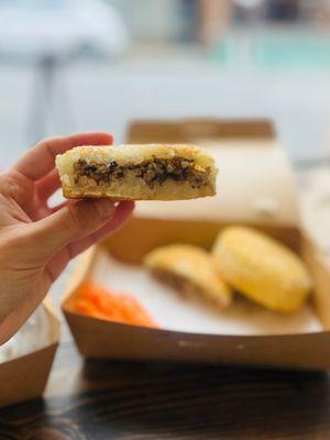 Fried sticky rice patties filled with ground pork, shrimp, onion, and mushroom