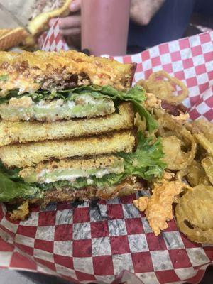 PBLT - Pimento cheese, bacon, lettuce, fried green tomato on Texas Toast with fried banana peppers