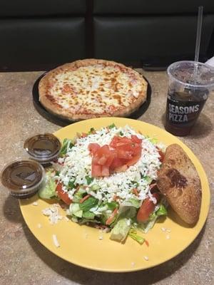 Tossed salad and a $4.99 2 topping double cheese pizza.