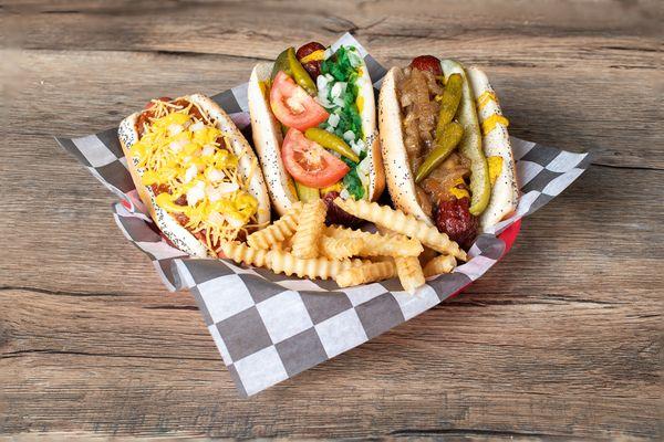 Chicago Hot Dog, Maxwell Polish and a Chili Dog.