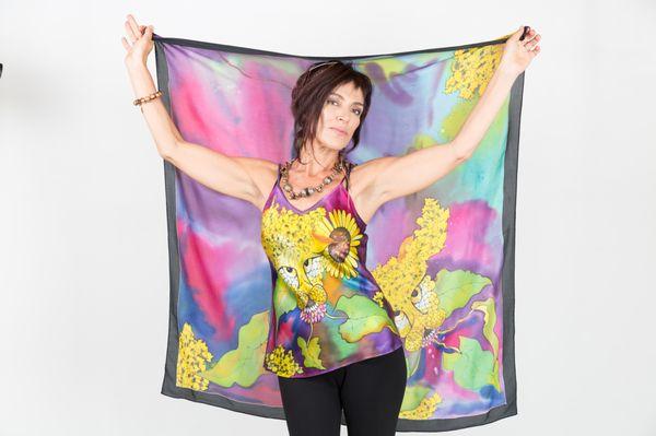 Hand-painted camisole with crepe de chine scarf