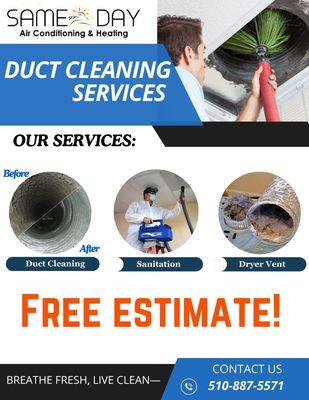 Free estimates provided for Air Duct cleaning and sanitation! Call now to schedule!