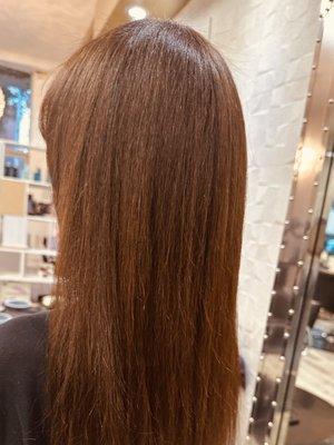 Red  brown one length hair cut