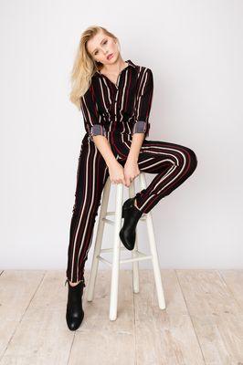 Striped Button Down Jumpsuit with Self Tie Belt-- Fashion & Edgy Style