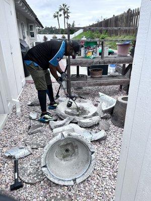 Breaking down the fountain for removal