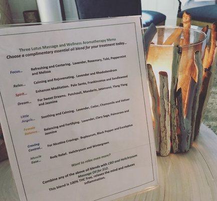 Complimentary Aromatherapy Menu