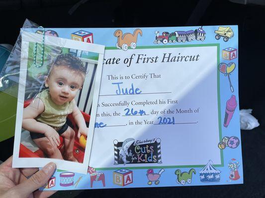 The adorable certificate with lock of hair & photo for baby's first haircut