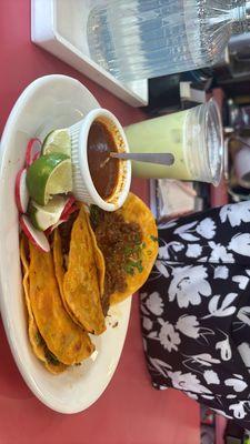 Tacos de Birria and matcha frappe