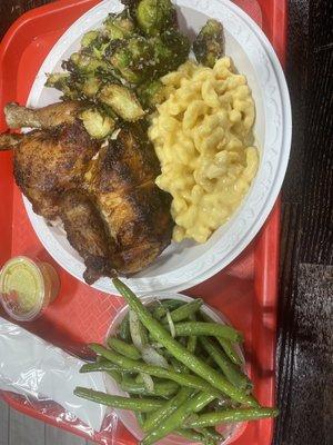 Half chicken, Mac and Cheese, Brussels sprouts and green beans