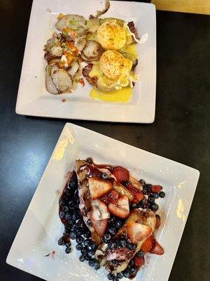 Eggs Benedict (top), Berry Cream Cheese Stuffed French Toast (bottom)