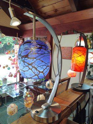 One of a kind table lamps with blown glass shade.