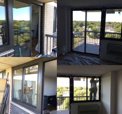 Interior and exterior shots of aluminum 2-lite slider and custom patio door installed in a 21 story apartment building!