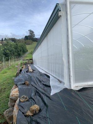 Sea foam gutters attached to hoop-house.