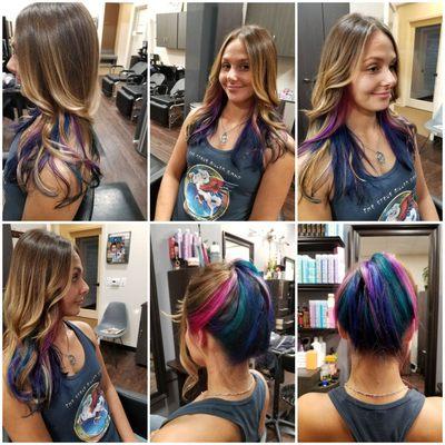 BALAYAGE WITH PICK A BOO FASHION COLORS, CUT & STYLED BY CHARMIE.