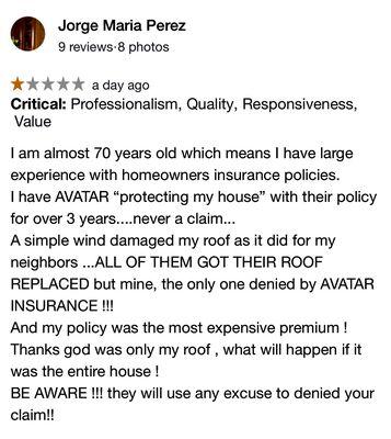 Avatar homeowners insurance STAY AWAY NO PAY CLAIMS!!