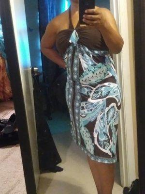 Halter sundress for a night out after walking the beach. Took in about an inch with a hand stitch & wedge sandal: $6 total